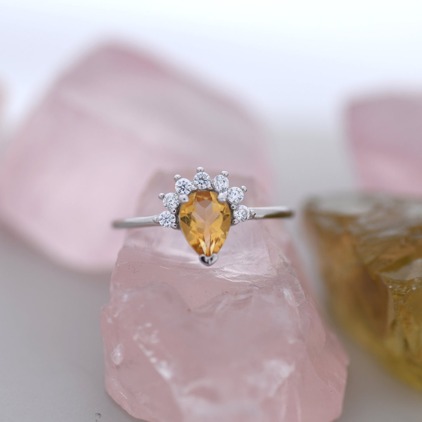 Genuine Pear Cut Citrine Crown Ring in Sterling Silver, Natural Yellow Citrine Crystal Ring, Vintage Inspired Design, US 5 - 8