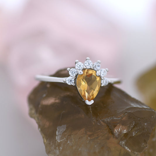 Genuine Pear Cut Citrine Crown Ring in Sterling Silver, Natural Yellow Citrine Crystal Ring, Vintage Inspired Design, US 5 - 8