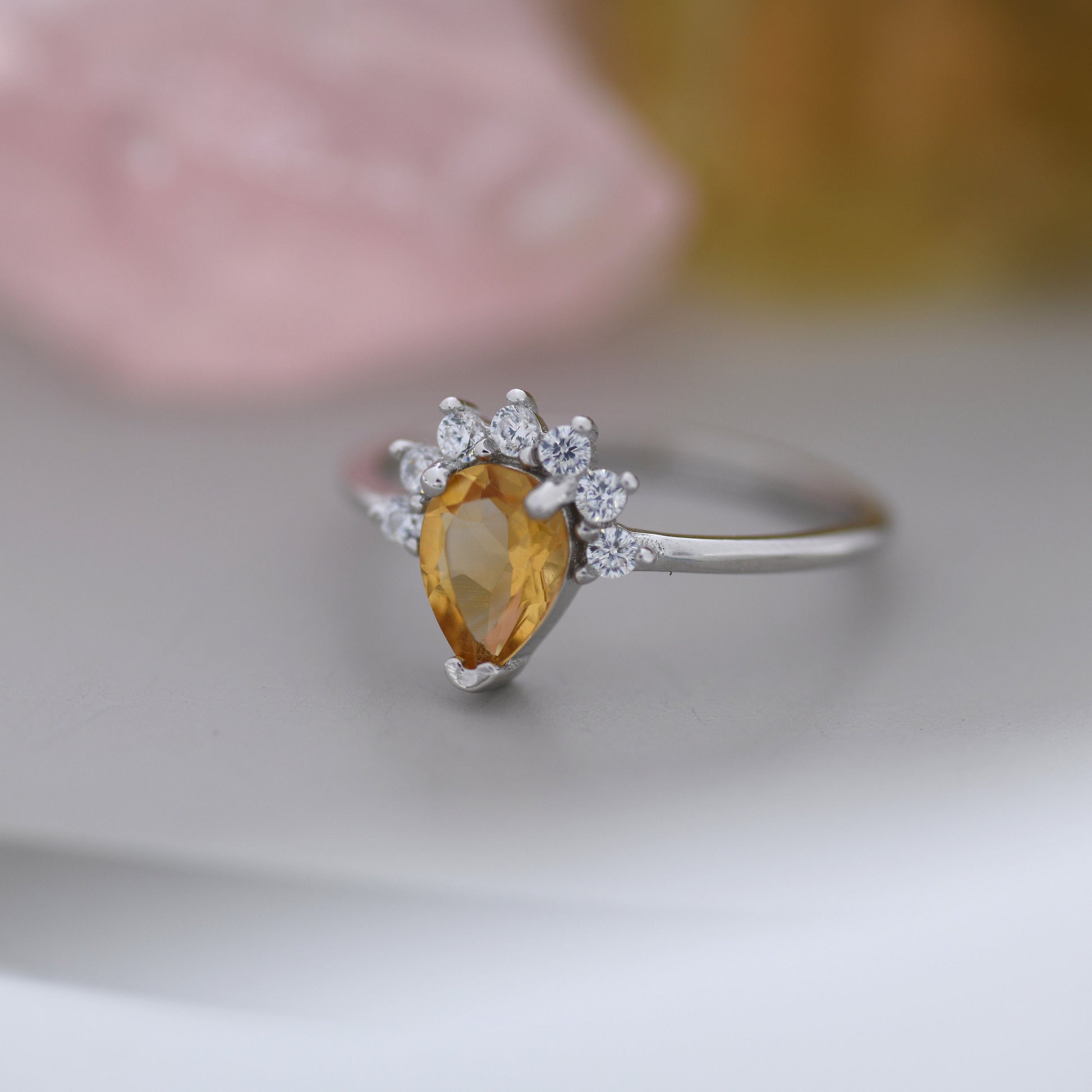 Genuine Pear Cut Citrine Crown Ring in Sterling Silver, Natural Yellow Citrine Crystal Ring, Vintage Inspired Design, US 5 - 8