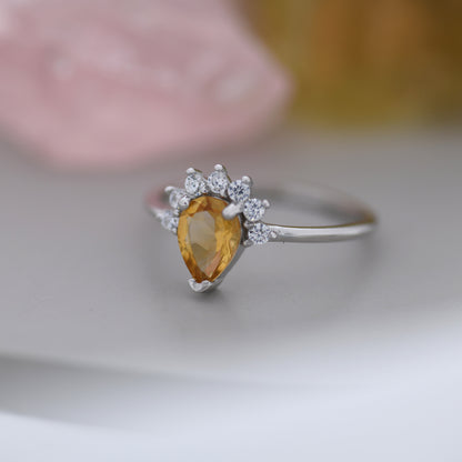 Genuine Pear Cut Citrine Crown Ring in Sterling Silver, Natural Yellow Citrine Crystal Ring, Vintage Inspired Design, US 5 - 8