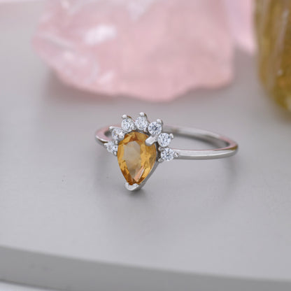 Genuine Pear Cut Citrine Crown Ring in Sterling Silver, Natural Yellow Citrine Crystal Ring, Vintage Inspired Design, US 5 - 8