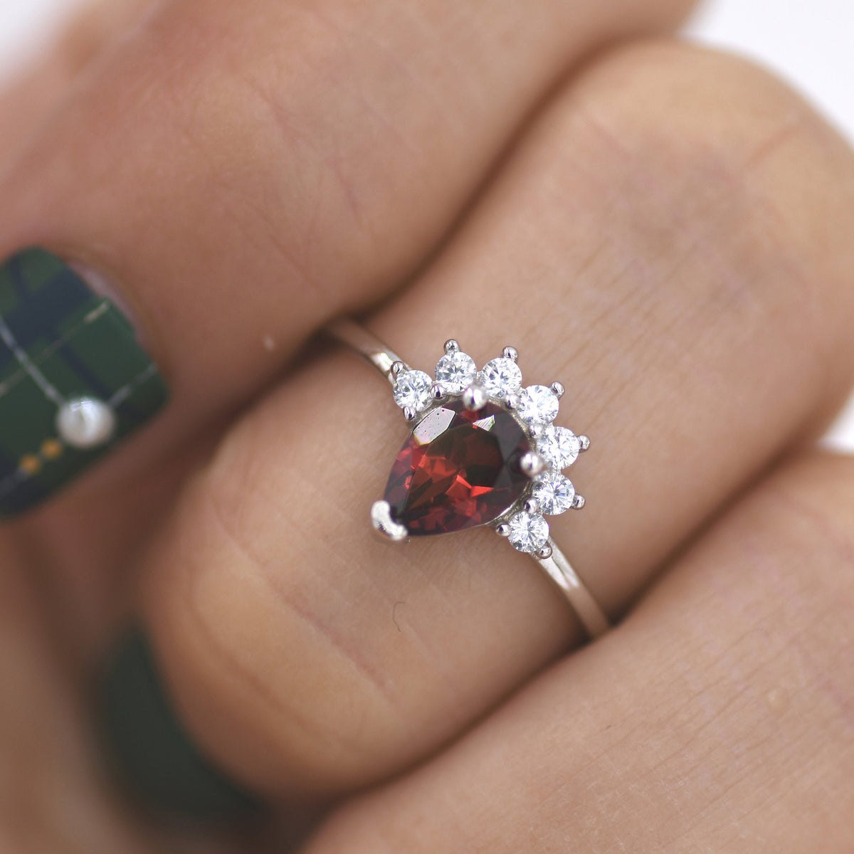 Genuine Pear Cut Garnet Crown Ring in Sterling Silver, Natural Garnet Crystal Ring, Vintage Inspired Design, US 5 - 8