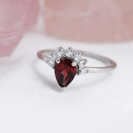 Genuine Pear Cut Garnet Crown Ring in Sterling Silver, Natural Garnet Crystal Ring, Vintage Inspired Design, US 5 - 8