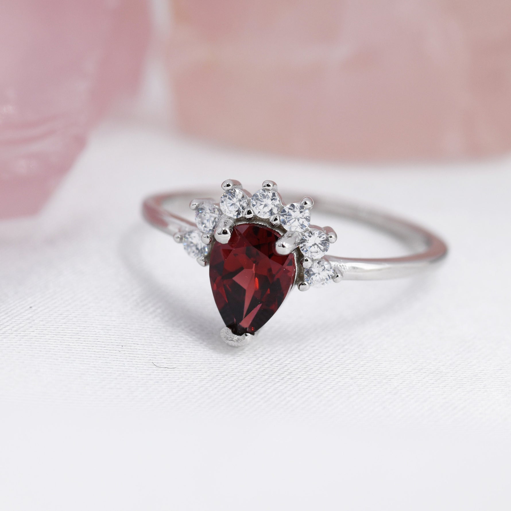 Genuine Pear Cut Garnet Crown Ring in Sterling Silver, Natural Garnet Crystal Ring, Vintage Inspired Design, US 5 - 8