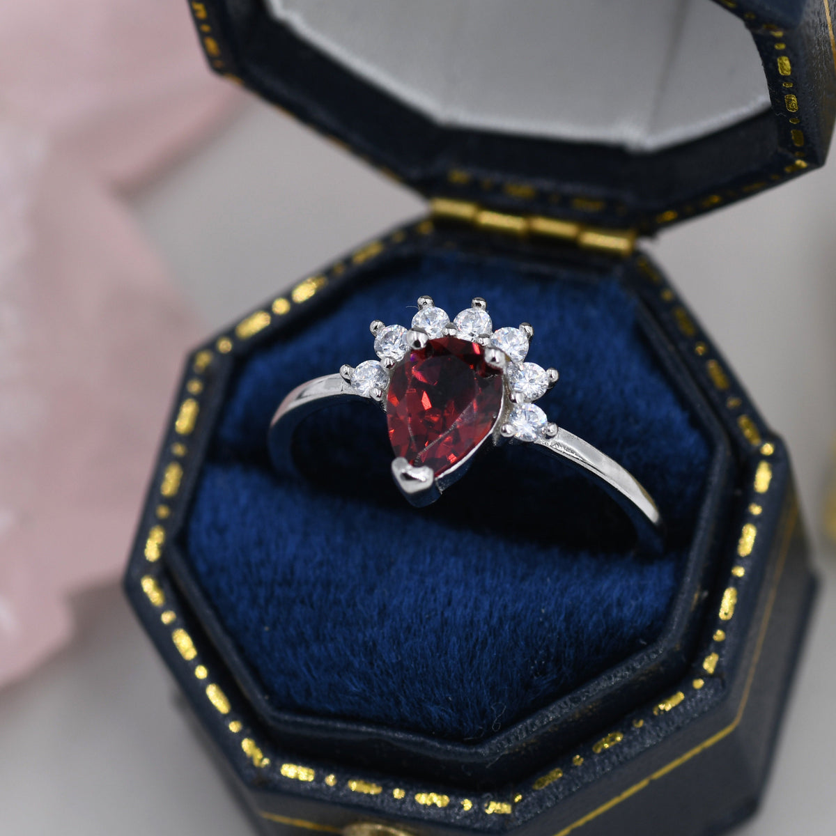 Genuine Pear Cut Garnet Crown Ring in Sterling Silver, Natural Garnet Crystal Ring, Vintage Inspired Design, US 5 - 8