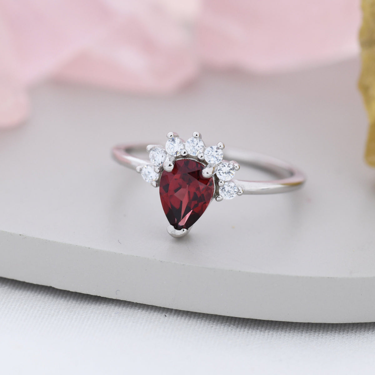 Genuine Pear Cut Garnet Crown Ring in Sterling Silver, Natural Garnet Crystal Ring, Vintage Inspired Design, US 5 - 8
