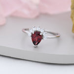 Genuine Pear Cut Garnet Crown Ring in Sterling Silver, Natural Garnet Crystal Ring, Vintage Inspired Design, US 5 - 8