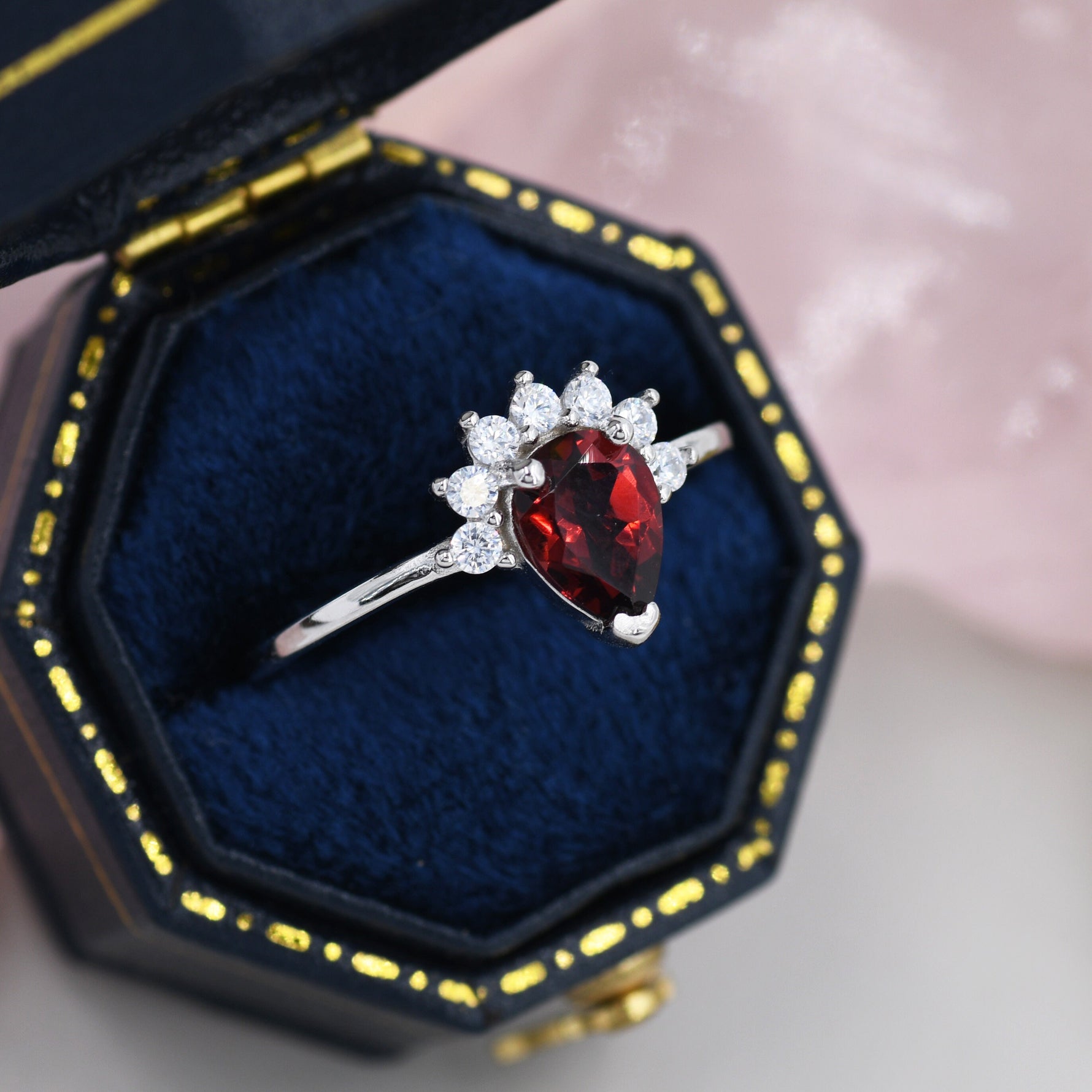 Genuine Pear Cut Garnet Crown Ring in Sterling Silver, Natural Garnet Crystal Ring, Vintage Inspired Design, US 5 - 8