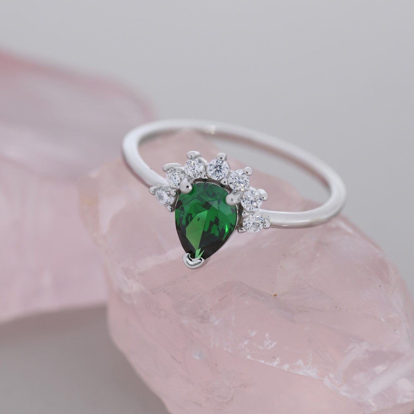 Pear Cut Emerald Green CZ Crown Ring in Sterling Silver, May Birthstone, Lab Emerald Ring, Vintage Inspired Design, US 5 - 8