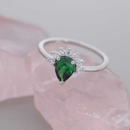 Pear Cut Emerald Green CZ Crown Ring in Sterling Silver, May Birthstone, Lab Emerald Ring, Vintage Inspired Design, US 5 - 8