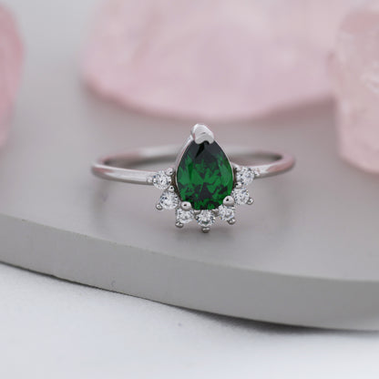 Pear Cut Emerald Green CZ Crown Ring in Sterling Silver, May Birthstone, Lab Emerald Ring, Vintage Inspired Design, US 5 - 8