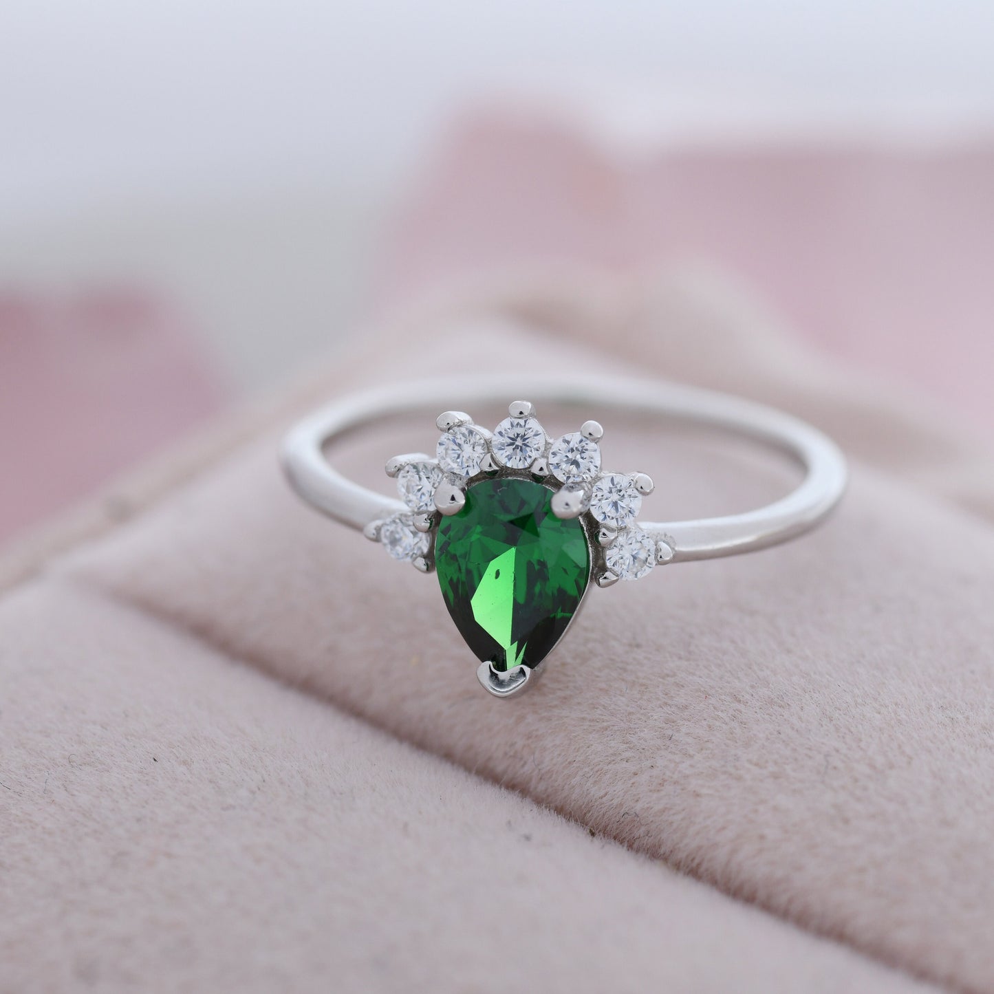 Pear Cut Emerald Green CZ Crown Ring in Sterling Silver, May Birthstone, Lab Emerald Ring, Vintage Inspired Design, US 5 - 8