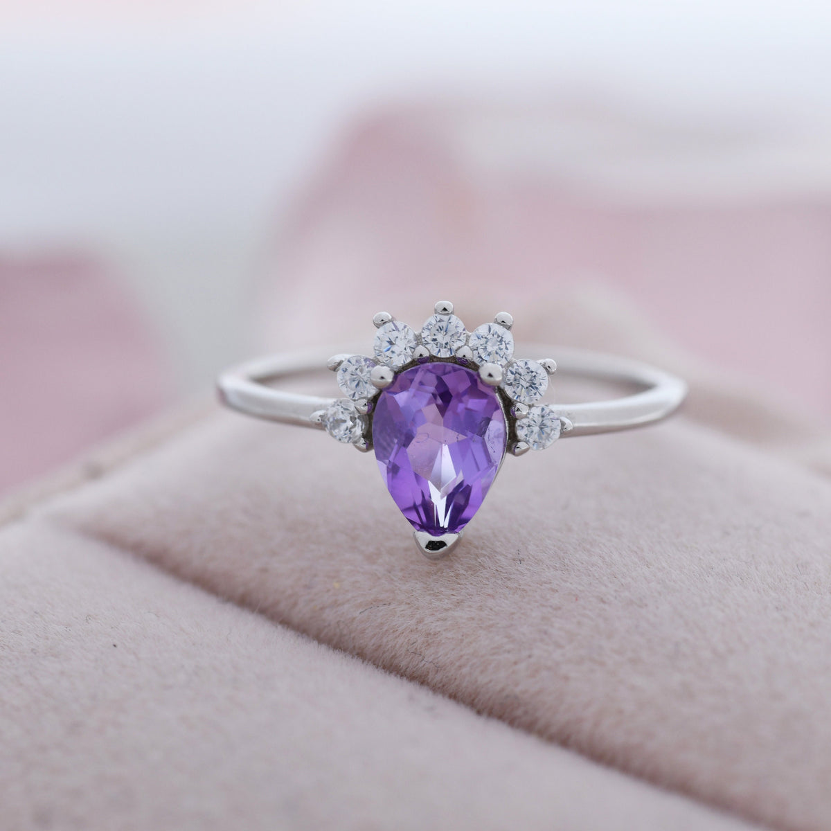 Genuine Pear Cut Amethyst Crown Ring in Sterling Silver, Natural Amethyst Crystal Ring, Vintage Inspired Design, US 5 - 8