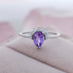 Genuine Pear Cut Amethyst Crown Ring in Sterling Silver, Natural Amethyst Crystal Ring, Vintage Inspired Design, US 5 - 8