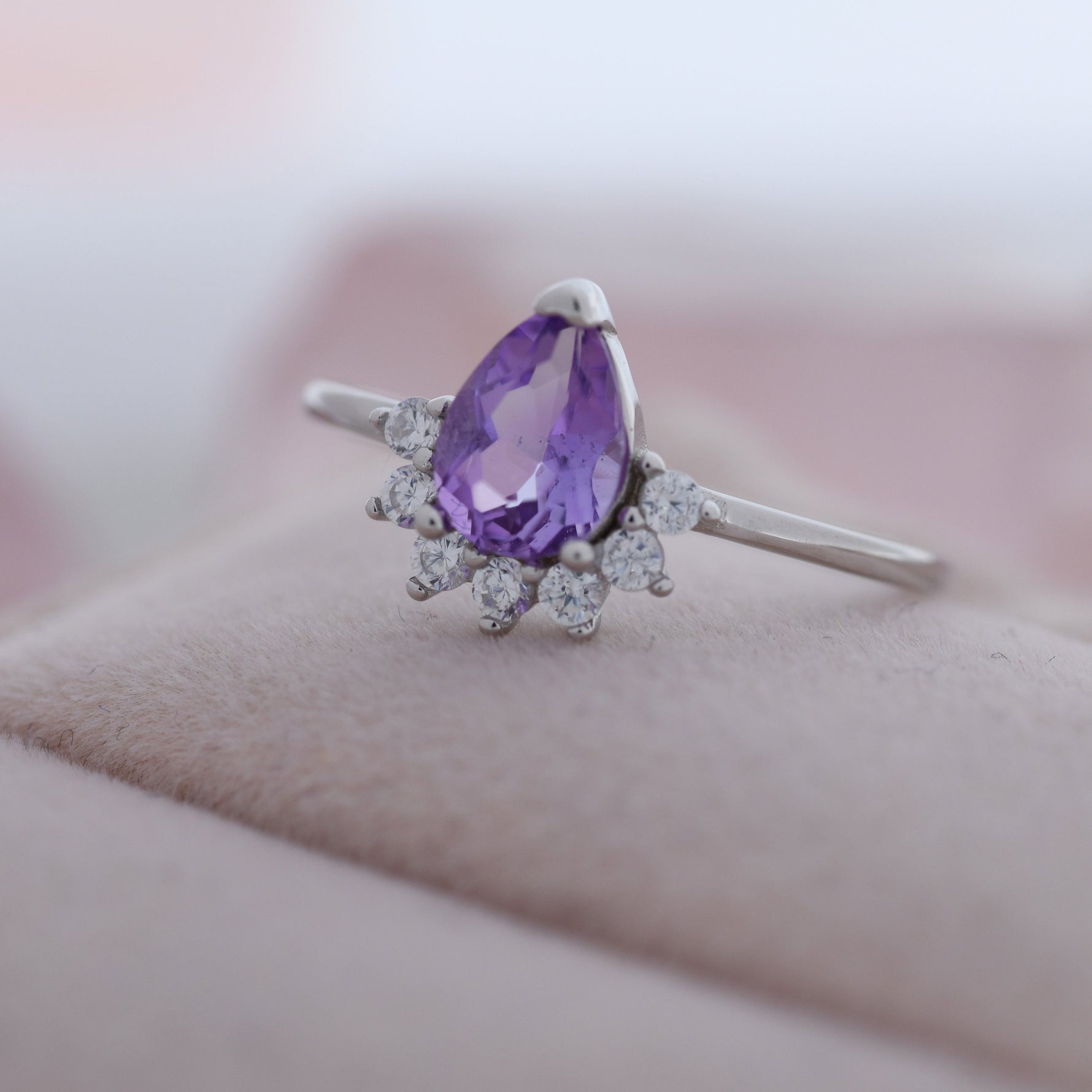 Genuine Pear Cut Amethyst Crown Ring in Sterling Silver, Natural Amethyst Crystal Ring, Vintage Inspired Design, US 5 - 8