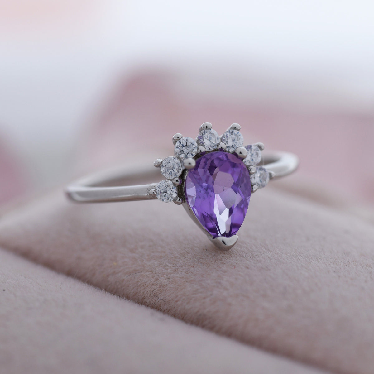Genuine Pear Cut Amethyst Crown Ring in Sterling Silver, Natural Amethyst Crystal Ring, Vintage Inspired Design, US 5 - 8