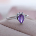 Genuine Pear Cut Amethyst Crown Ring in Sterling Silver, Natural Amethyst Crystal Ring, Vintage Inspired Design, US 5 - 8