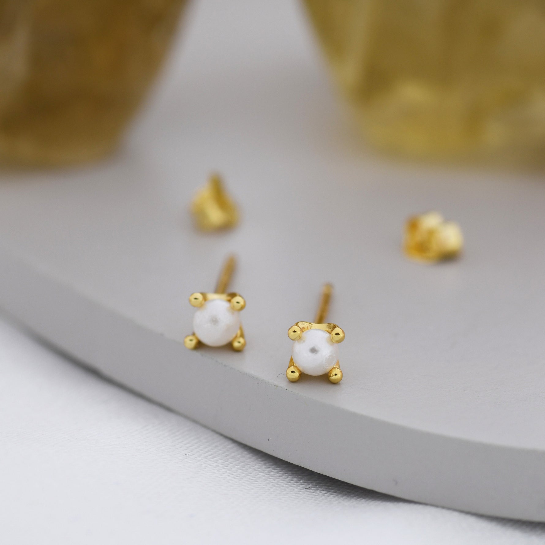 Tiny Pearl Stud Earrings in Sterling Silver, Silver or Gold or Rose Gold, Four Prong, 3mm, 4mm and 5mm Minimalist Pearl Earrings,