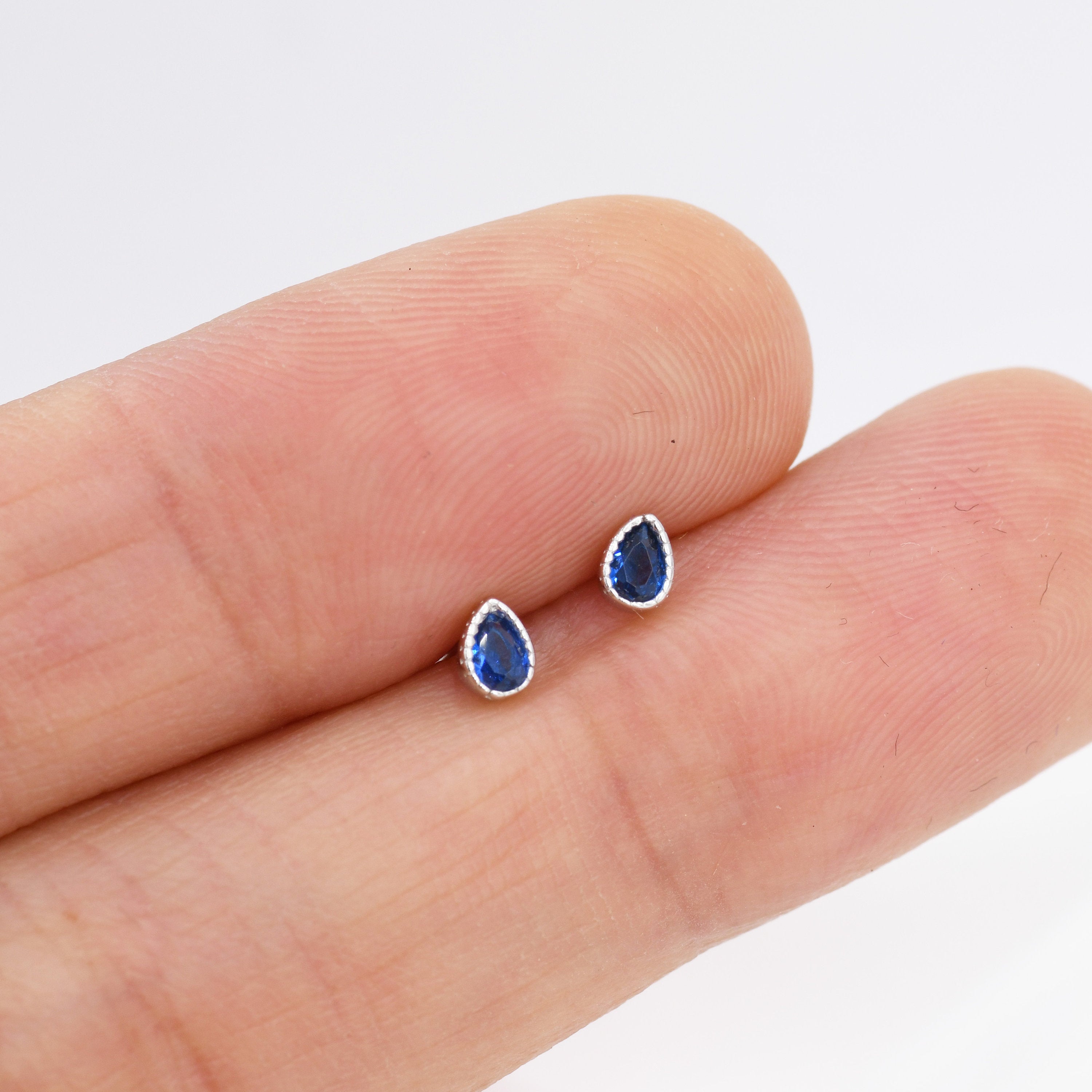 Tiny Sapphire Blue Droplet Stud Earrings in Sterling Silver Pear Cut Silver Rain Silver