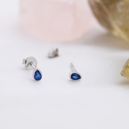 Tiny Sapphire Blue Droplet Stud Earrings in Sterling Silver, Pear Cut CZ Stud  Extra Tiny, Stacking Earrings