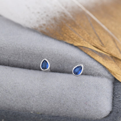 Tiny Sapphire Blue Droplet Stud Earrings in Sterling Silver, Pear Cut CZ Stud  Extra Tiny, Stacking Earrings