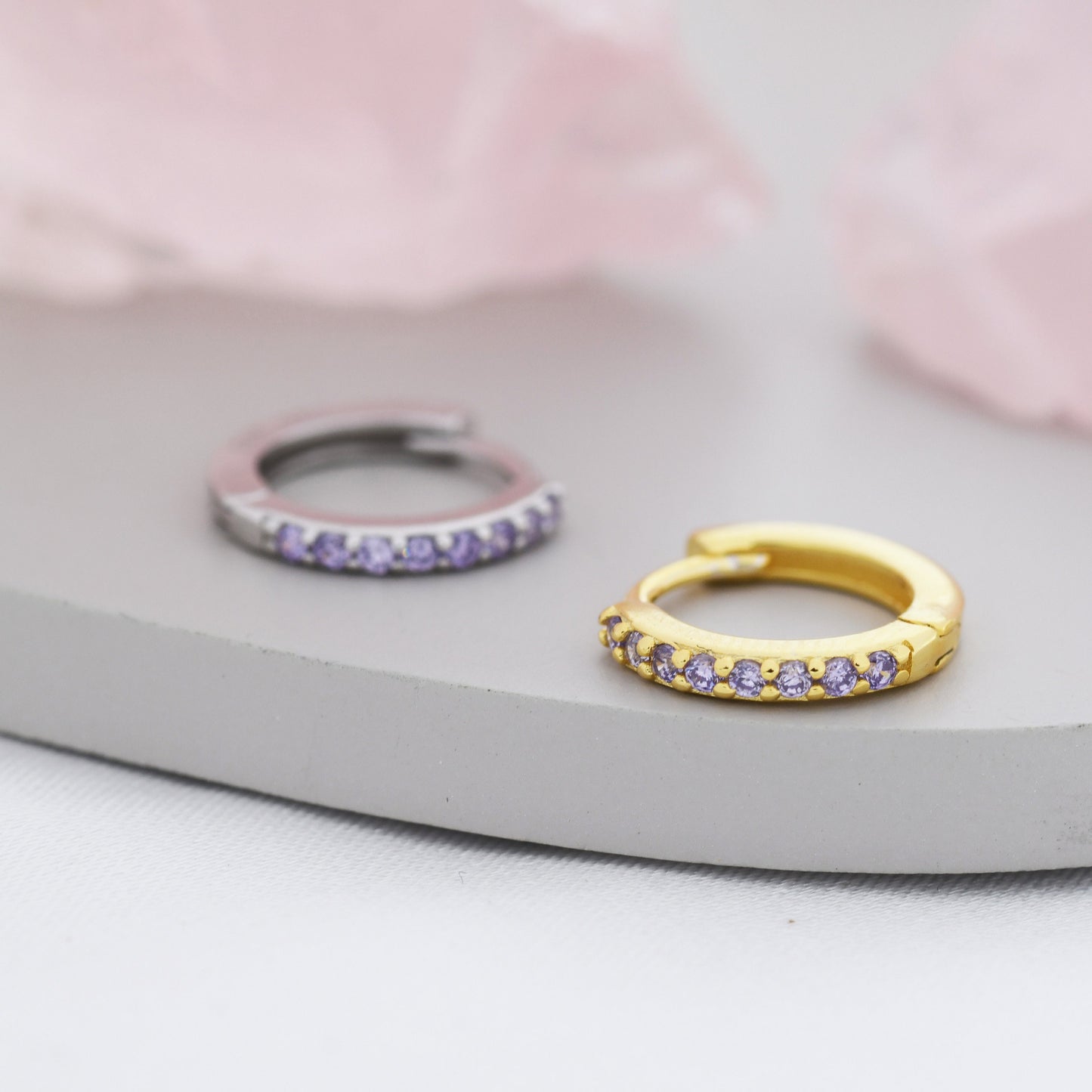 Amethyst Purple CZ Huggie Hoops in Sterling Silver, Silver or Gold, Minimalist Hoop Earrings, 6mm, 7mm and 8mm Hoops, Cartilage Hoops