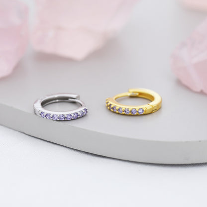 Amethyst Purple CZ Huggie Hoops in Sterling Silver, Silver or Gold, Minimalist Hoop Earrings, 6mm, 7mm and 8mm Hoops, Cartilage Hoops