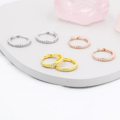 Skinny CZ Crystal Huggie Hoops in Sterling Silver, Silver or Gold or Rose Gold, Minimalist Hoop Earrings, 8mm  and 10mm Hoops