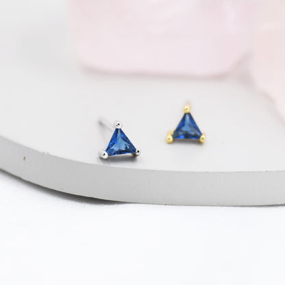 Sapphire Blue CZ Triangle Stud Earrings in Sterling Silver, Silver or Gold, Dainty Earrings,  Stacking Earrings, CZ Crystal Stud