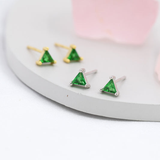 Emerald Green CZ Triangle Stud Earrings in Sterling Silver, Silver or Gold, Dainty Earrings,  Stacking Earrings, CZ Crystal Stud