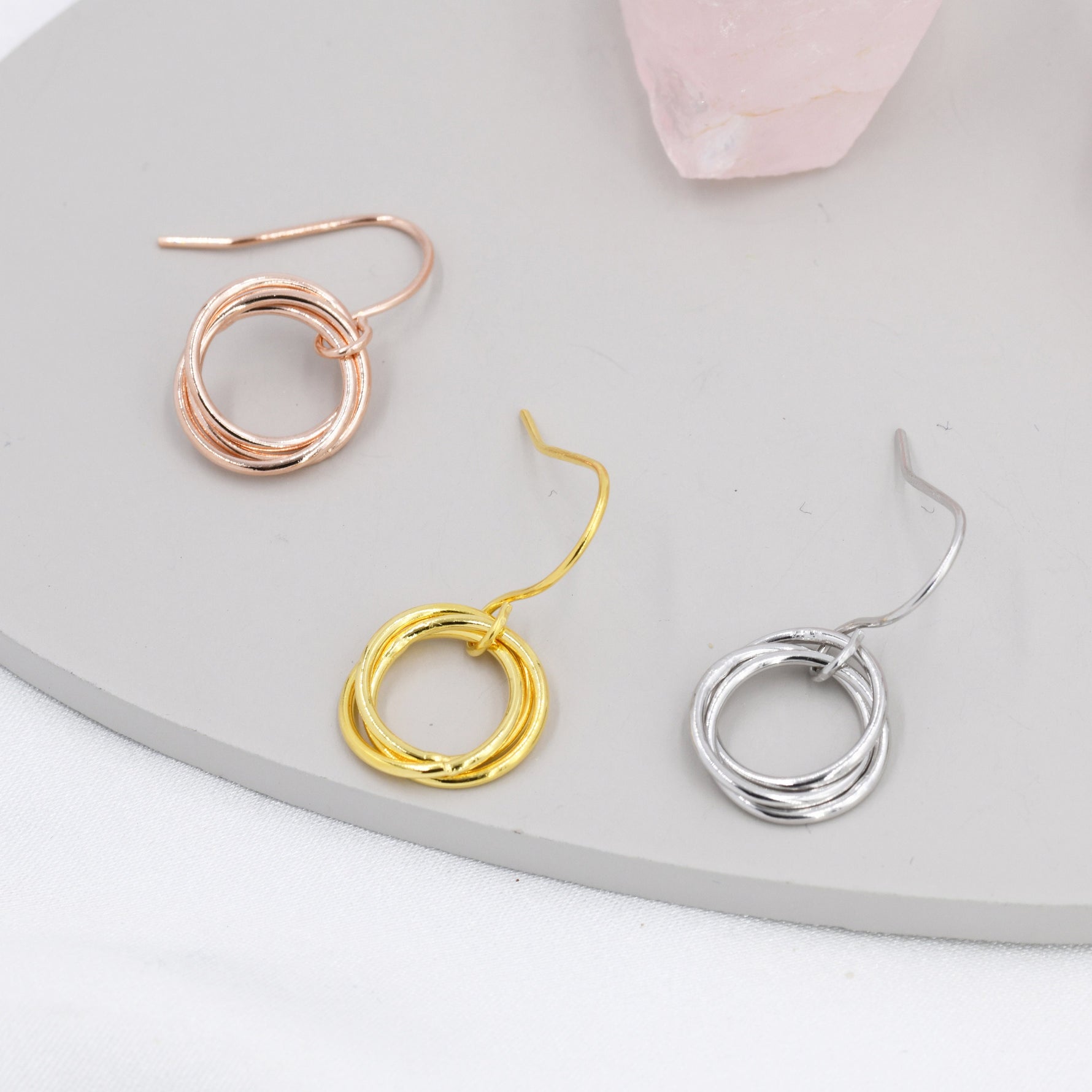 Interlinked Rings Drop Earrings in Sterling Silver, Also with Gold Finish or Rose Gold Finish, Minimalist Knot Dangle Earrings