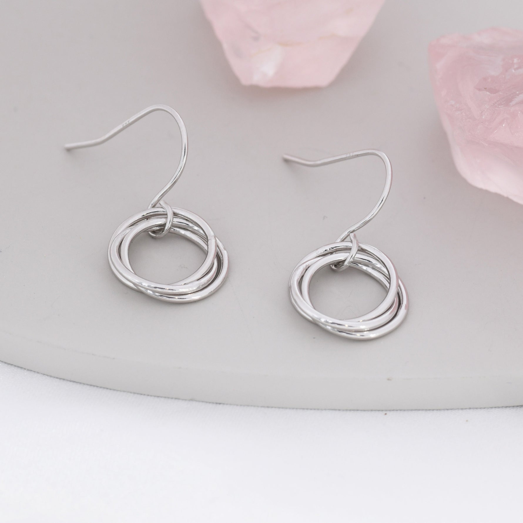 Interlinked Rings Drop Earrings in Sterling Silver, Also with Gold Finish or Rose Gold Finish, Minimalist Knot Dangle Earrings