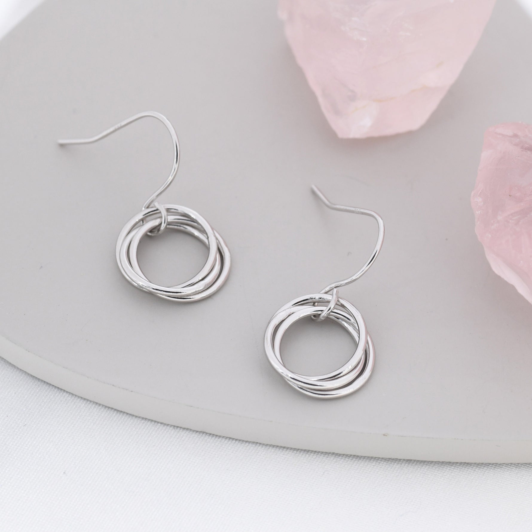 Interlinked Rings Drop Earrings in Sterling Silver, Also with Gold Finish or Rose Gold Finish, Minimalist Knot Dangle Earrings