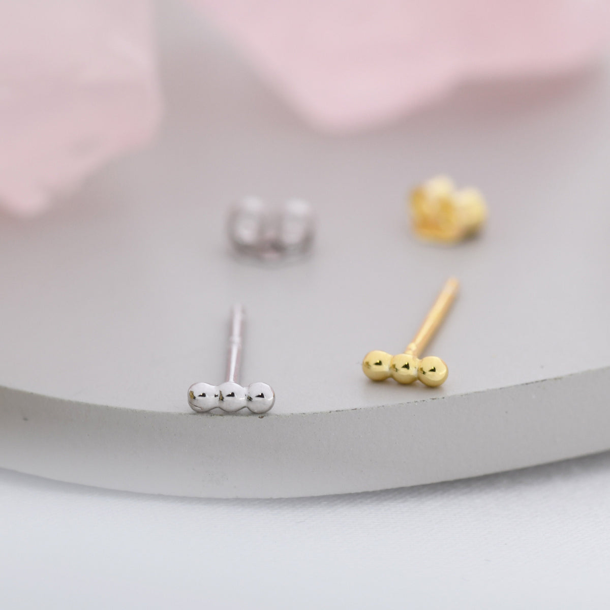 Extra Tiny Three Dot Stud Earrings in Sterling Silver, Tiny Bar Earrings, Beaded Bar, Bauble Earrings, Silver or Gold, Stacking Earrings