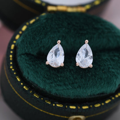 Sterling Silver Pear Cut CZ Earrings, Droplet Diamond Earrings, April Birthstone CZ Earrings, Silver, Gold or Rose Gold