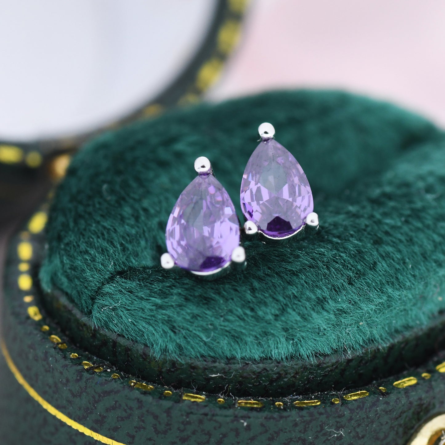 Sterling Silver Pear Cut Amethyst CZ Earrings, Purple Droplet Earrings, February Birthstone CZ Earrings, Silver, Gold or Rose Gold