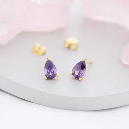 Sterling Silver Pear Cut Amethyst CZ Earrings, Purple Droplet Earrings, February Birthstone CZ Earrings, Silver, Gold or Rose Gold