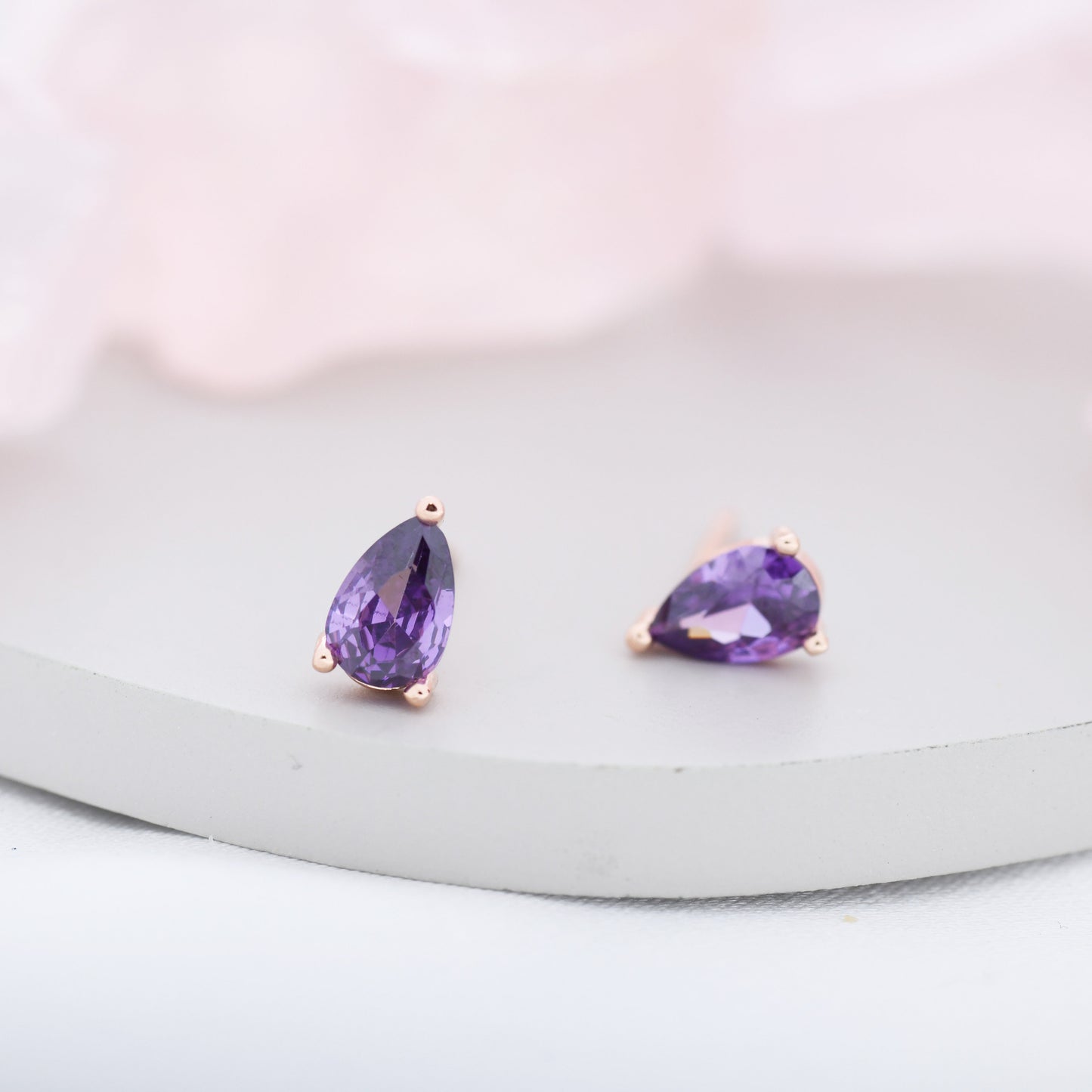 Sterling Silver Pear Cut Amethyst CZ Earrings, Purple Droplet Earrings, February Birthstone CZ Earrings, Silver, Gold or Rose Gold