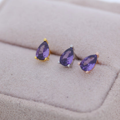 Sterling Silver Pear Cut Amethyst CZ Earrings, Purple Droplet Earrings, February Birthstone CZ Earrings, Silver, Gold or Rose Gold