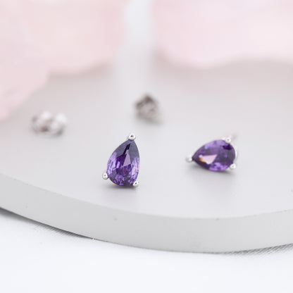 Sterling Silver Pear Cut Amethyst CZ Earrings, Purple Droplet Earrings, February Birthstone CZ Earrings, Silver, Gold or Rose Gold