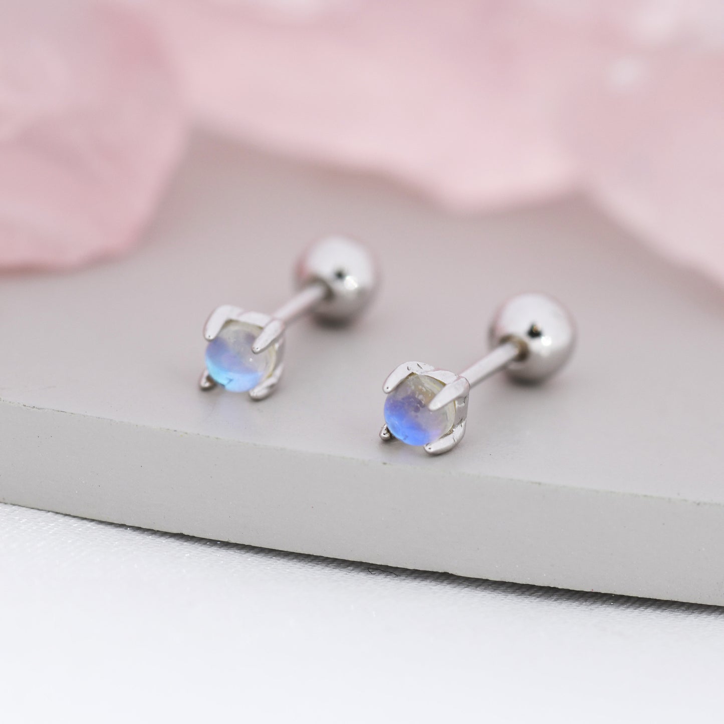 Moonstone Internally Threaded Flat Back /Screw back Earrings in Sterling Silver, Aurora Barbell Earrings, Screw back Crystal Dot Earrings