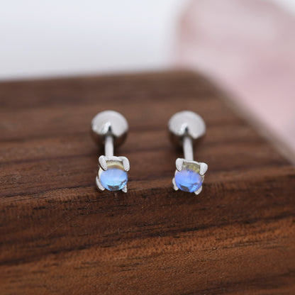 Moonstone Internally Threaded Flat Back /Screw back Earrings in Sterling Silver, Aurora Barbell Earrings, Screw back Crystal Dot Earrings