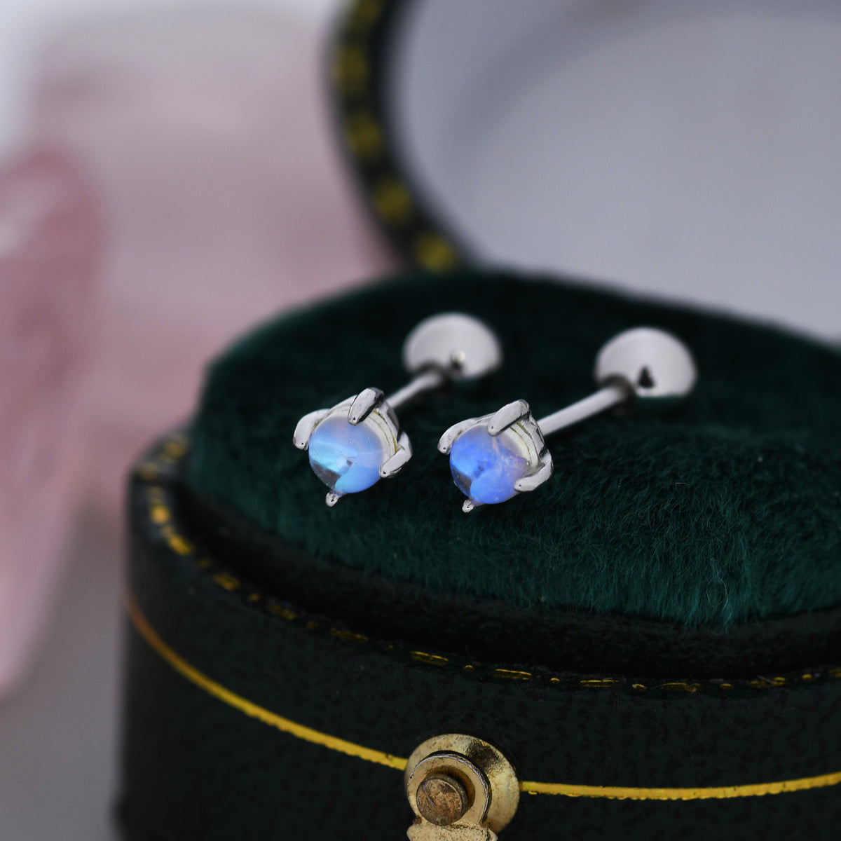 Moonstone Screw back Earrings in Sterling Silver, Aurora Barbell Earrings, Screw back Crystal Dot Earrings, Minimalist Piercing Jewellery