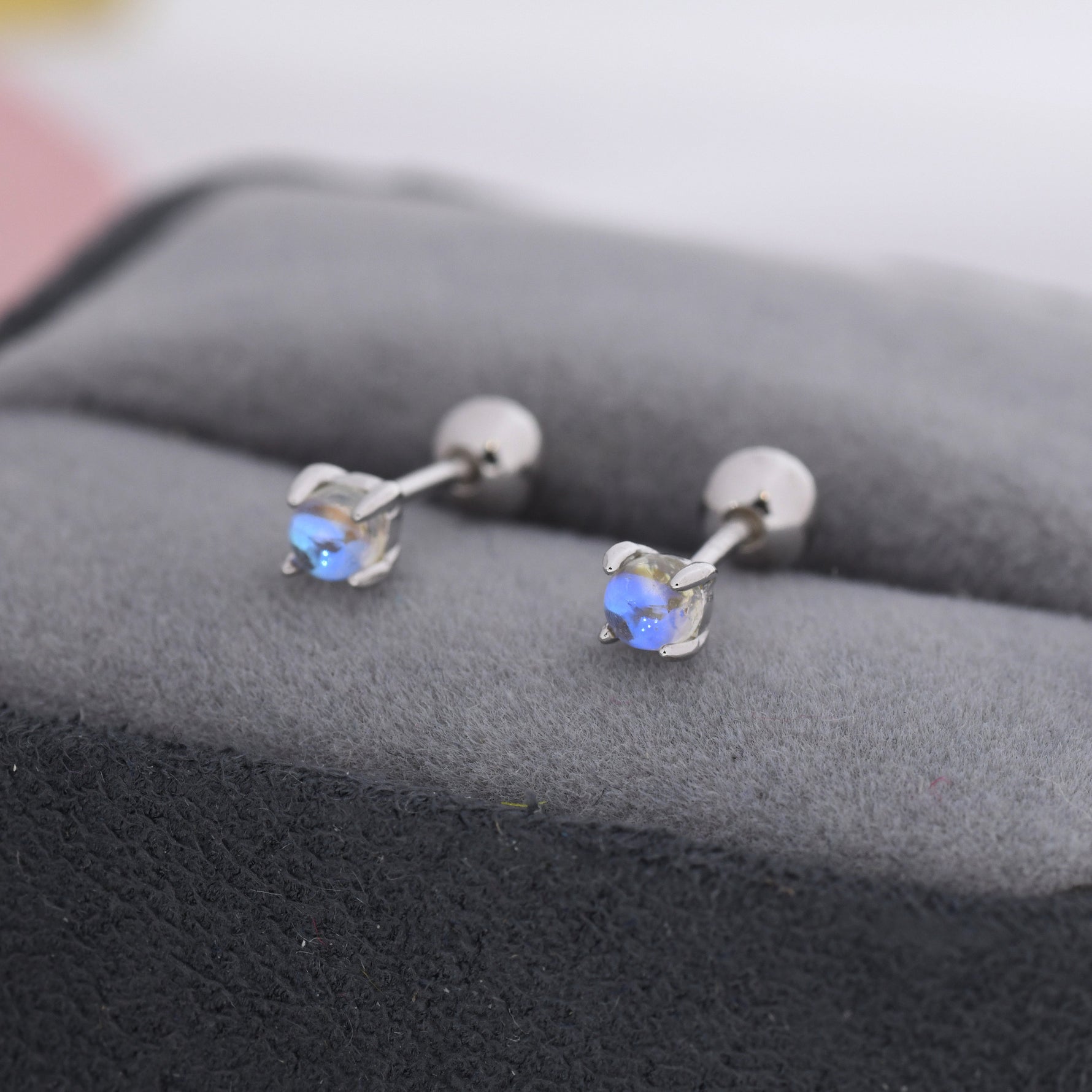 Moonstone Screw back Earrings in Sterling Silver, Aurora Barbell Earrings, Screw back Crystal Dot Earrings, Minimalist Piercing Jewellery