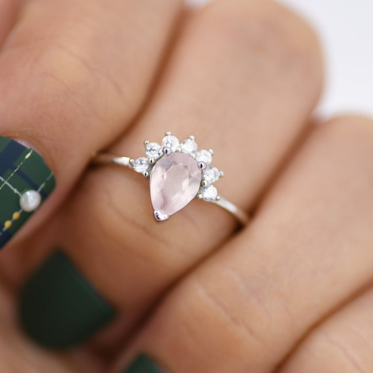 Genuine Pear Cut Rose Quartz Crown Ring in Sterling Silver, Natural Pink Rose Quartz Crystal Ring, Vintage Inspired Design, US 5 - 8