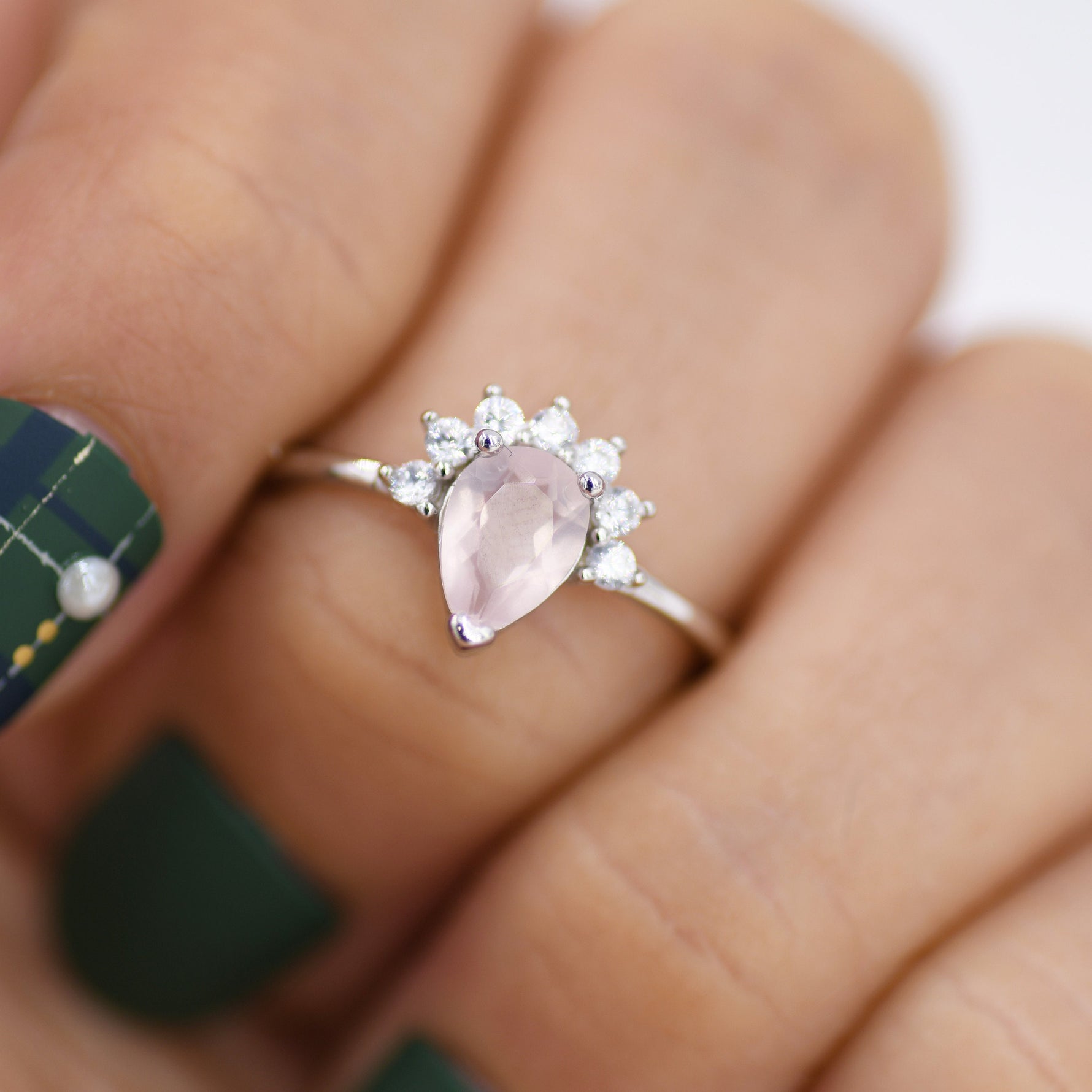 Genuine Pear Cut Rose Quartz Crown Ring in Sterling Silver, Natural Pink Rose Quartz Crystal Ring, Vintage Inspired Design, US 5 - 8