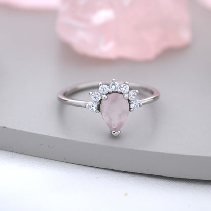 Genuine Pear Cut Rose Quartz Crown Ring in Sterling Silver, Natural Pink Rose Quartz Crystal Ring, Vintage Inspired Design, US 5 - 8