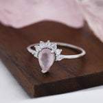 Genuine Pear Cut Rose Quartz Crown Ring in Sterling Silver, Natural Pink Rose Quartz Crystal Ring, Vintage Inspired Design, US 5 - 8