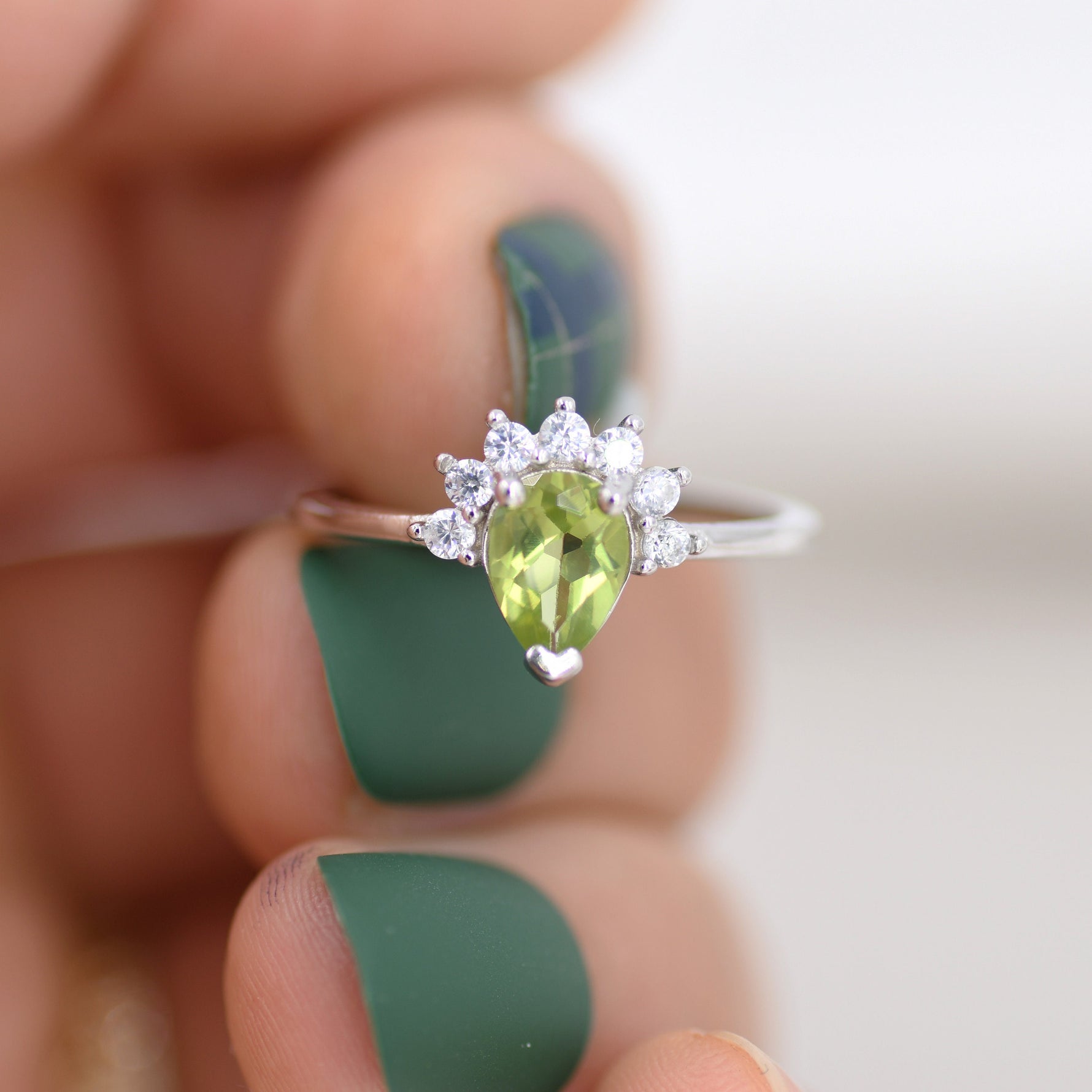 Genuine Pear Cut Peridot Crown Ring in Sterling Silver, Natural Peridot Crystal Ring, Vintage Inspired Design, US 5 - 8