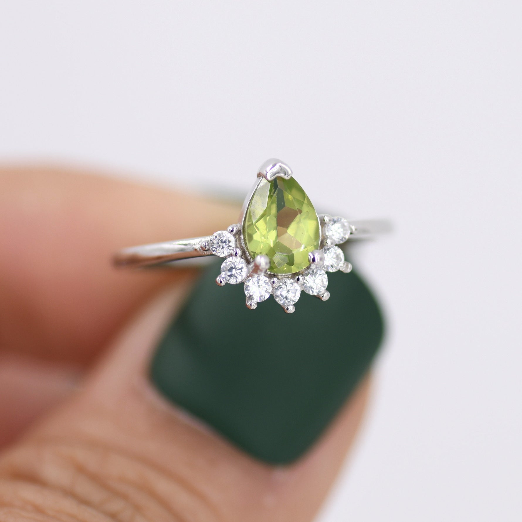 Genuine Pear Cut Peridot Crown Ring in Sterling Silver, Natural Peridot Crystal Ring, Vintage Inspired Design, US 5 - 8